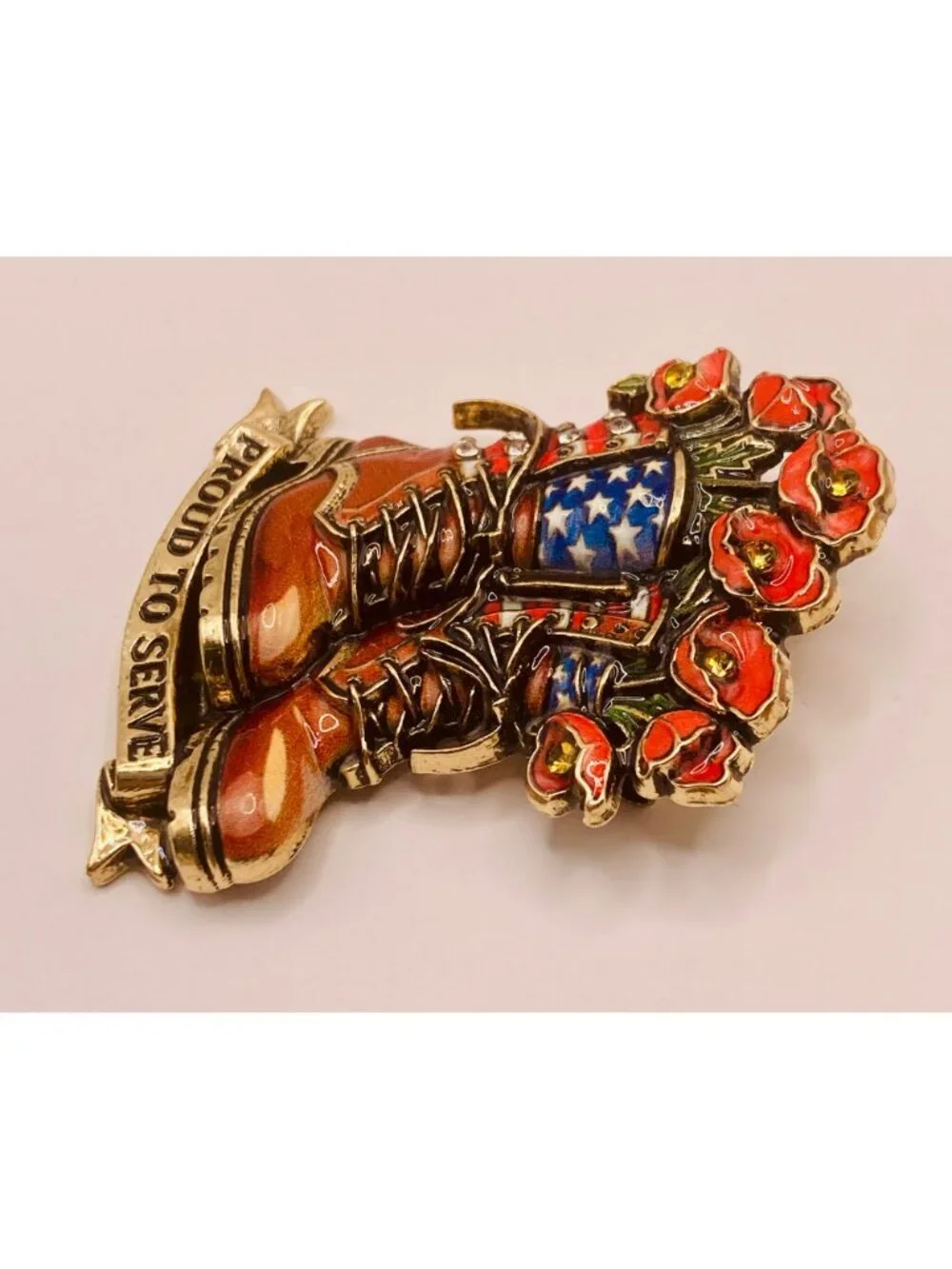 Proud To Serve Military Boots Enamel Brooch Pin Poppies & American Flag -31B